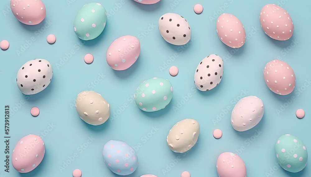  a group of pastel colored eggs on a blue surface with polka dots on them, all of which are smaller 