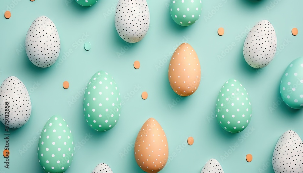  a group of painted eggs on a blue surface with polka dots on them, all of which are different sizes