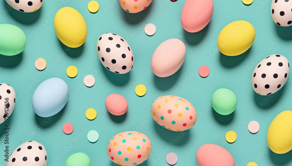  a group of colorful eggs on a blue surface with polka dots on it and a green background with a few 