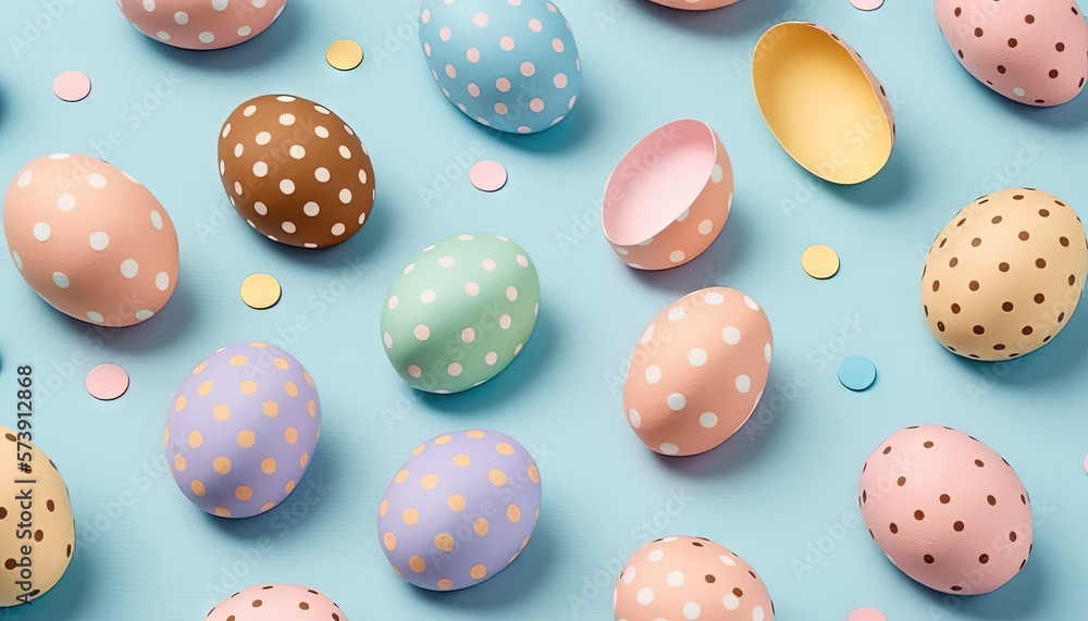  a group of colorful eggs with polka dots on a blue surface with confetti around them and a polka do