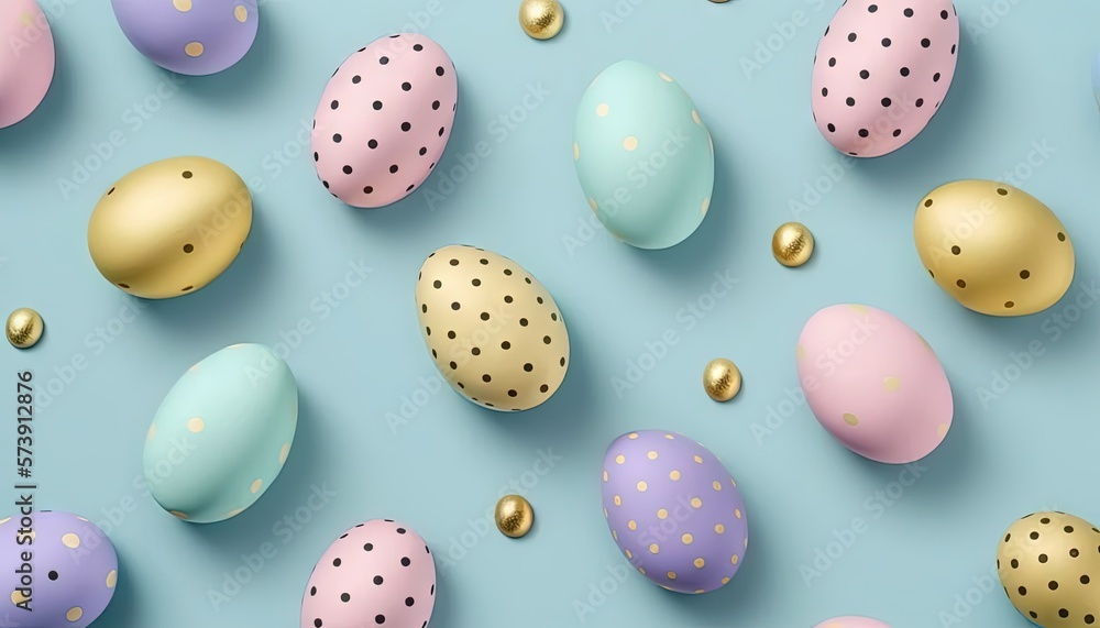  a blue background with gold polka dots and pastel colored easter eggs with polka dots on the top of