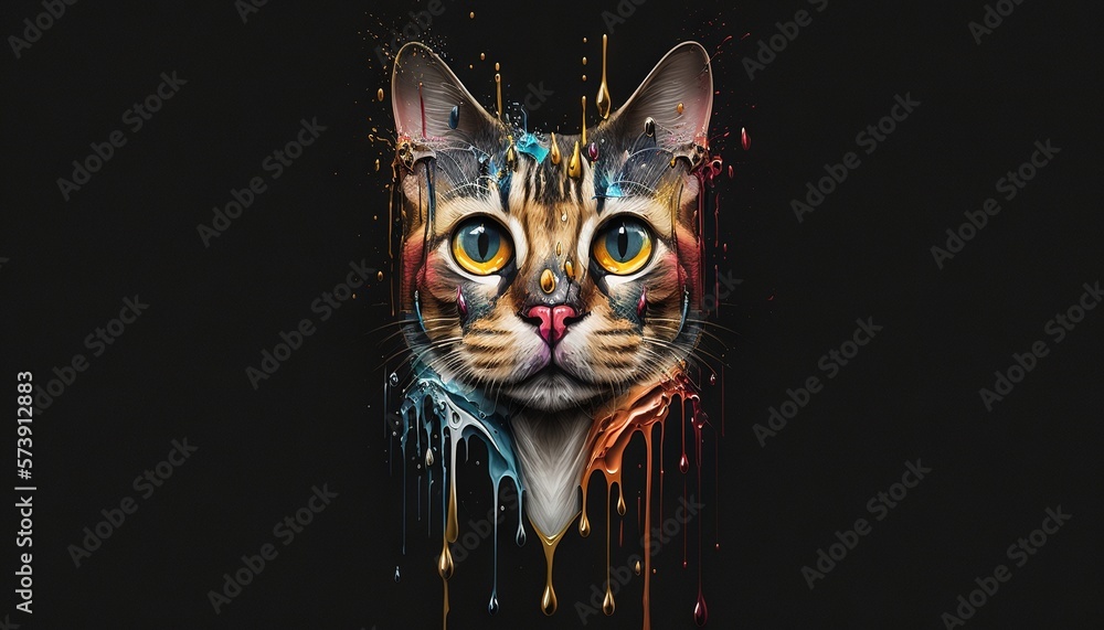  a cats face is painted with multicolored paint splattered on its face, and the cats eyes are yel