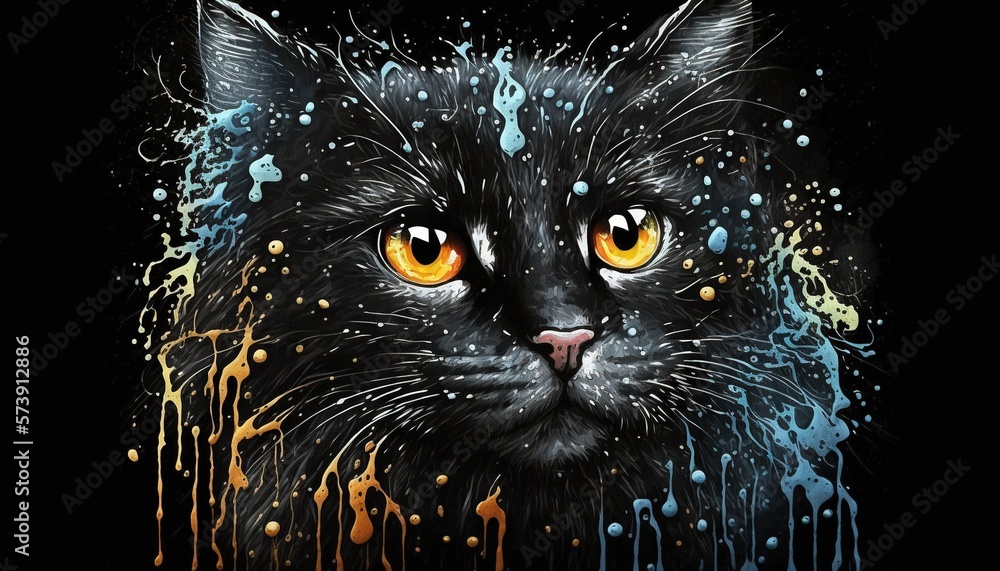  a painting of a black cat with orange eyes and yellow eyes, with water droplets on its face and a 