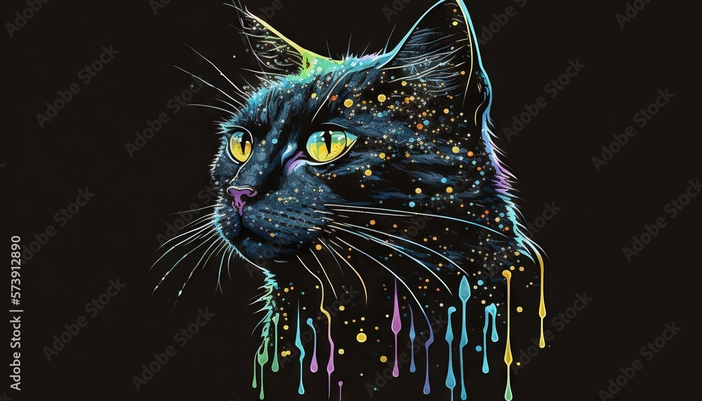  a black cat with yellow eyes and a black background with colorful drops of paint on its face and a