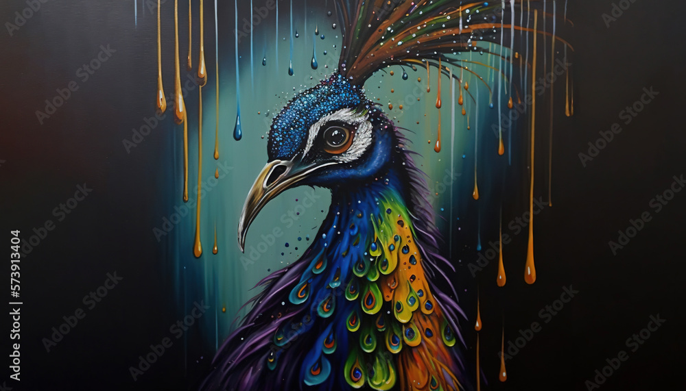  a painting of a colorful peacock with drops of water on its head and feathers on its head, with a