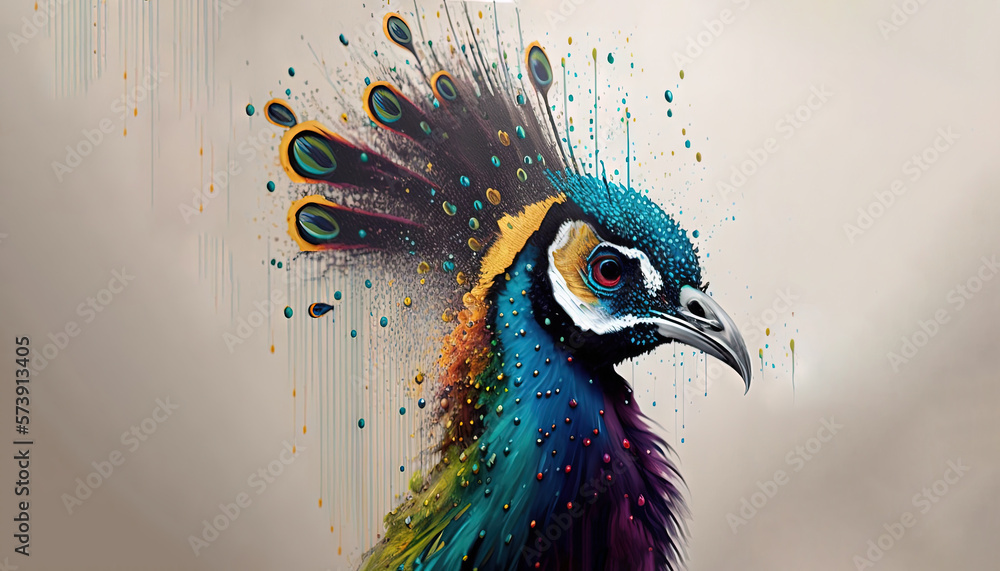  a painting of a peacock with colorful feathers on a beige background with drops of water on its fe