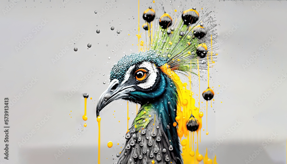  a painting of a peacock with yellow and black drops of paint on its face and head, with a gray bac