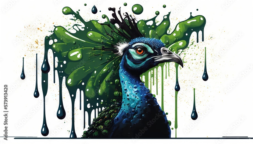  a painting of a peacock with drops of paint on its face and neck, with a green and blue background