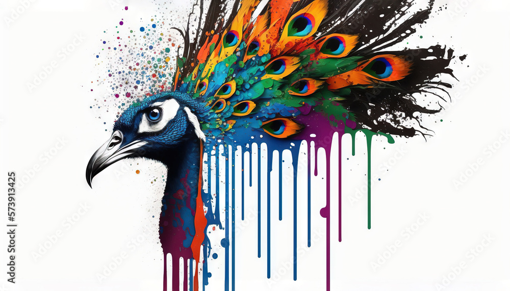  a colorful peacock with a splash of paint on its face and tail, with a white background and a blac