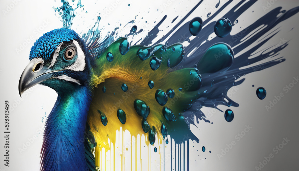  a blue and yellow bird with drops of water on its back and its feathers feathers are splattered wi