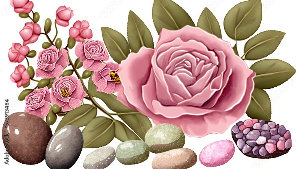  a pink rose surrounded by stones and flowers on a white background with a ladybug sitting on a rock