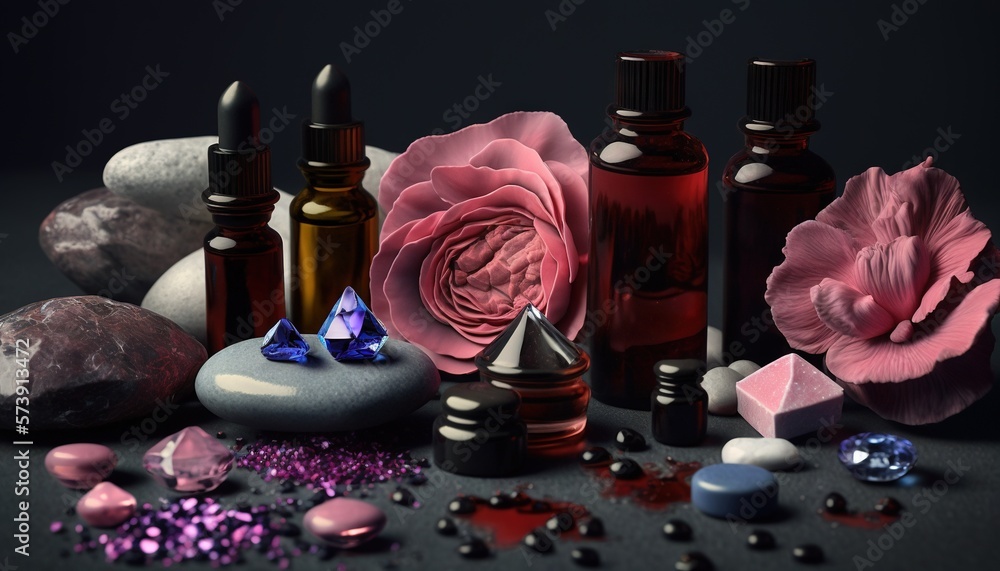  a table topped with lots of bottles filled with different types of flowers and rocks next to rocks 