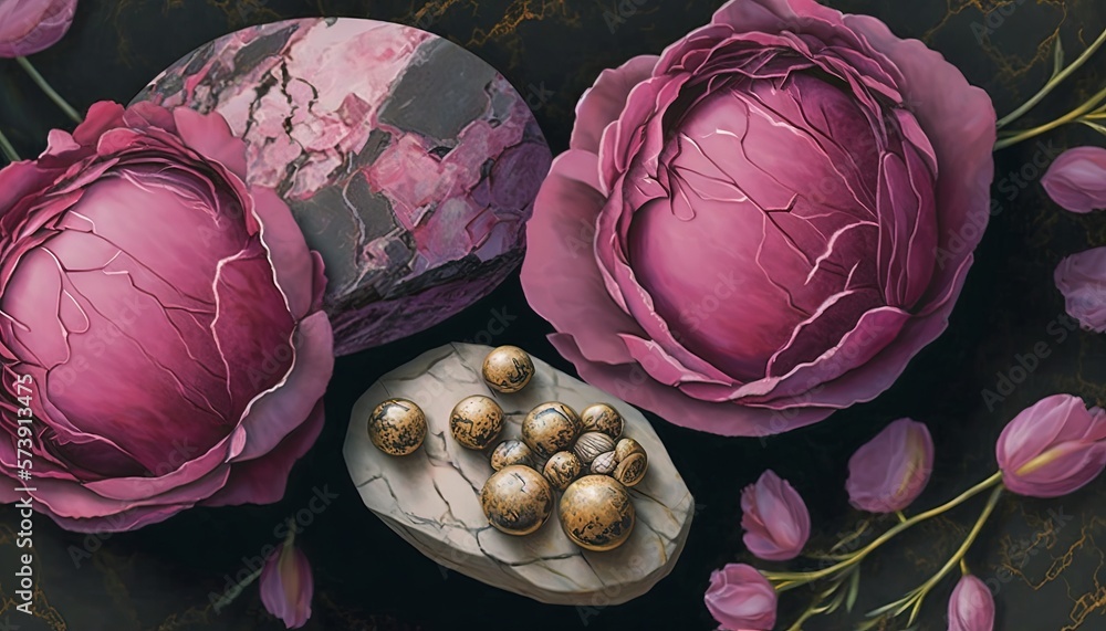  a painting of pink flowers and eggs on a black surface with pink flowers around it and a rock on th