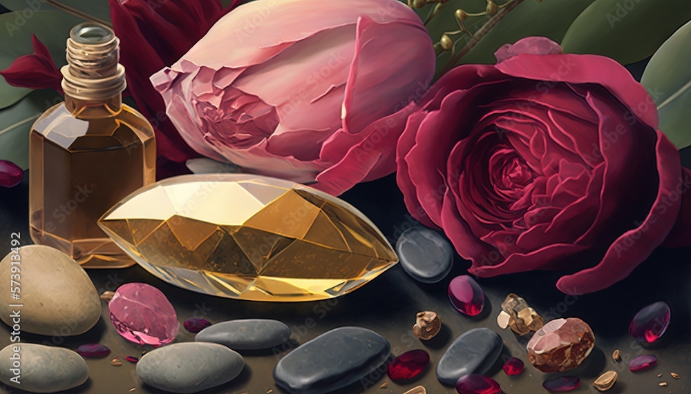  a painting of flowers, rocks, and a bottle of perfume on a black surface with stones and stones on 