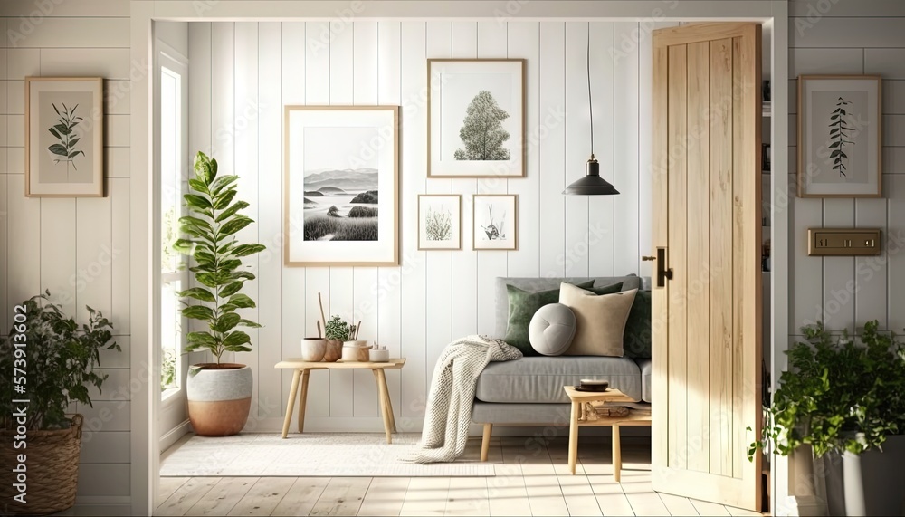  a living room with a couch, table, and pictures on the wall and a potted plant in the corner of the