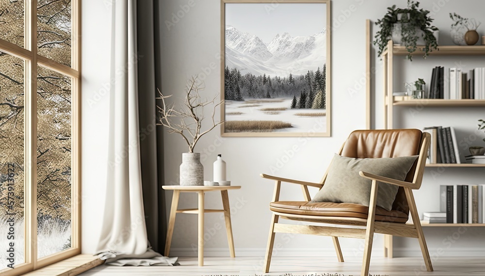  a chair and table in a room with a painting on the wall and a window with a view of a snowy mountai