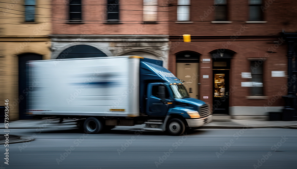  a delivery truck driving down a street past a tall brick building with a yellow traffic light on th