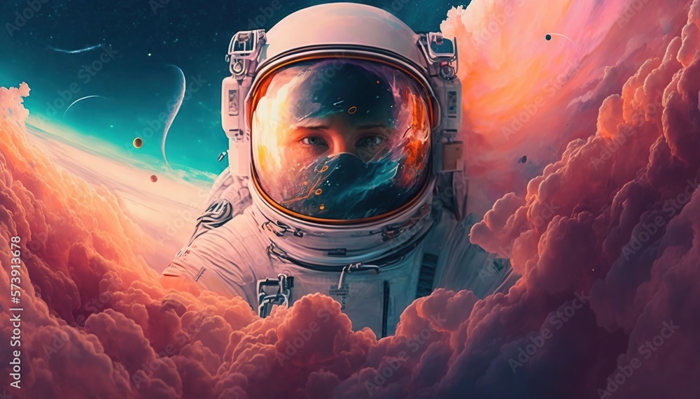  a man in a space suit floating in the clouds with planets in the background and a red and blue sky 