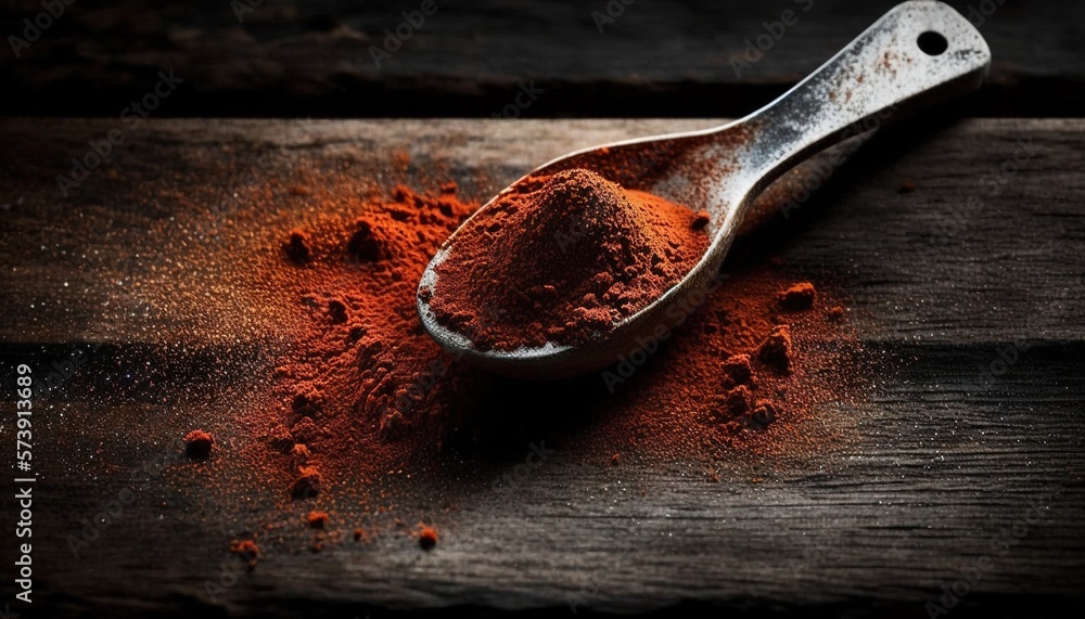  a spoon filled with red powder on top of a wooden table next to a spoon of red powder on top of a w