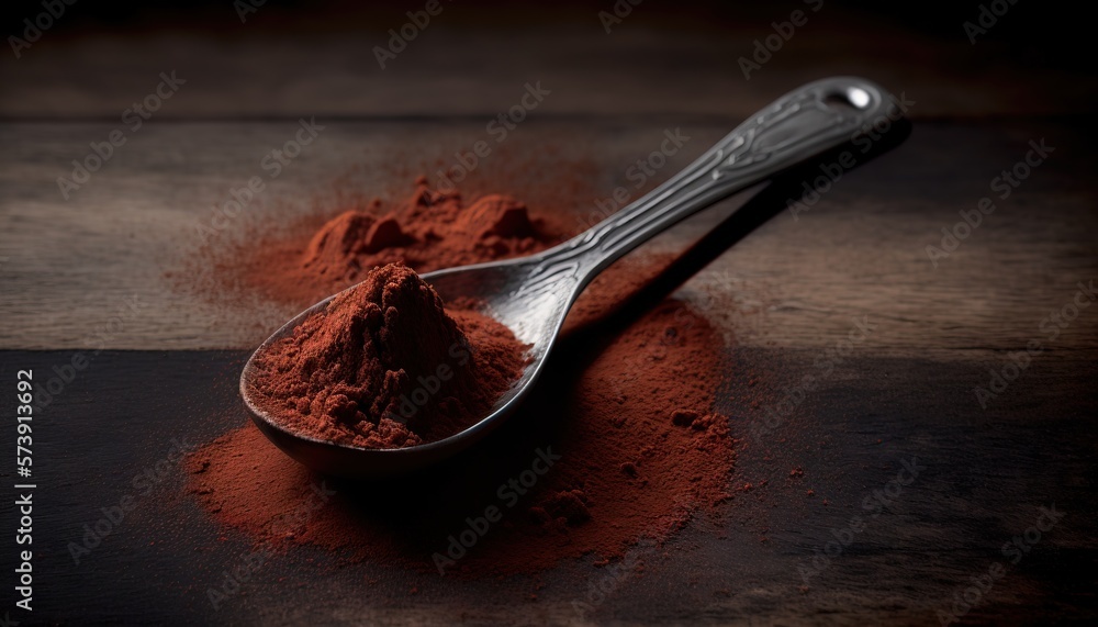  a spoon full of red powder on a wooden table with a spoon full of red powder on the table next to i