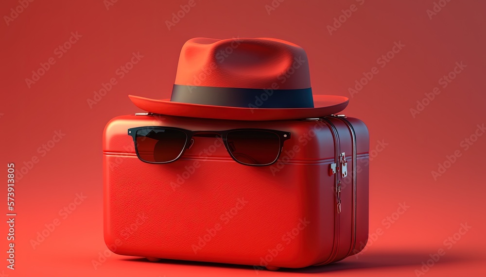  a red suitcase with a hat and sunglasses on top of it, on a red background, with a red background a