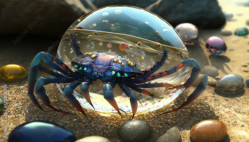  a blue crab sitting on top of a sandy beach next to rocks and pebbles on the ground and a rock in t