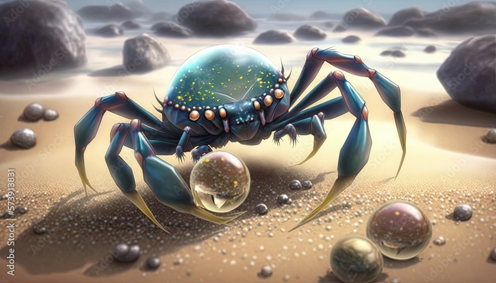  a blue crab on a sandy beach next to some balls of water and rocks with a blue crab on its back le