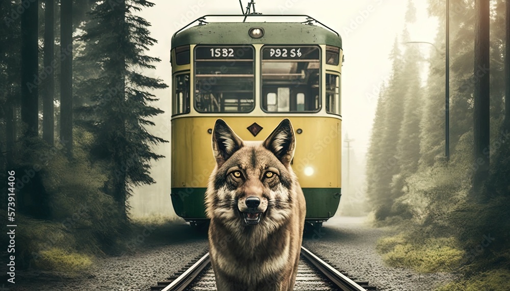  a wolf walking on a train track in front of a trolley car in a forest with a dog on the side of the