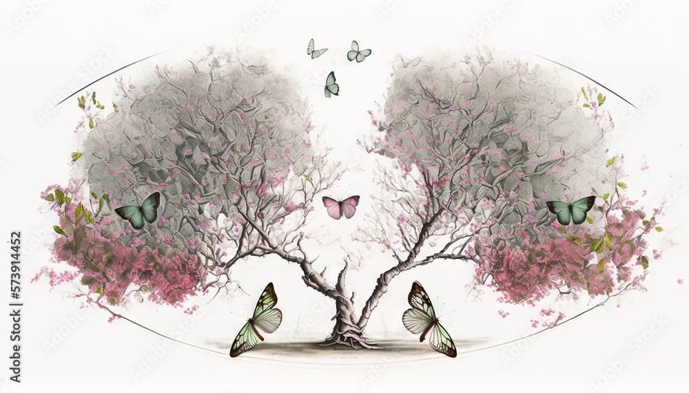  a drawing of a tree with two butterflies flying around the tree and a butterfly in the middle of th