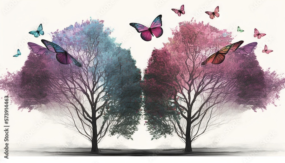  a group of trees with butterflies flying over them in the air above them is a white background with