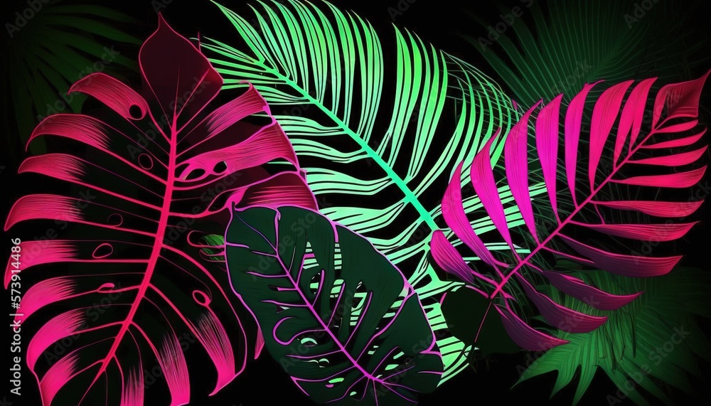  a bunch of different colored leaves on a black background with a green and pink color scheme in the