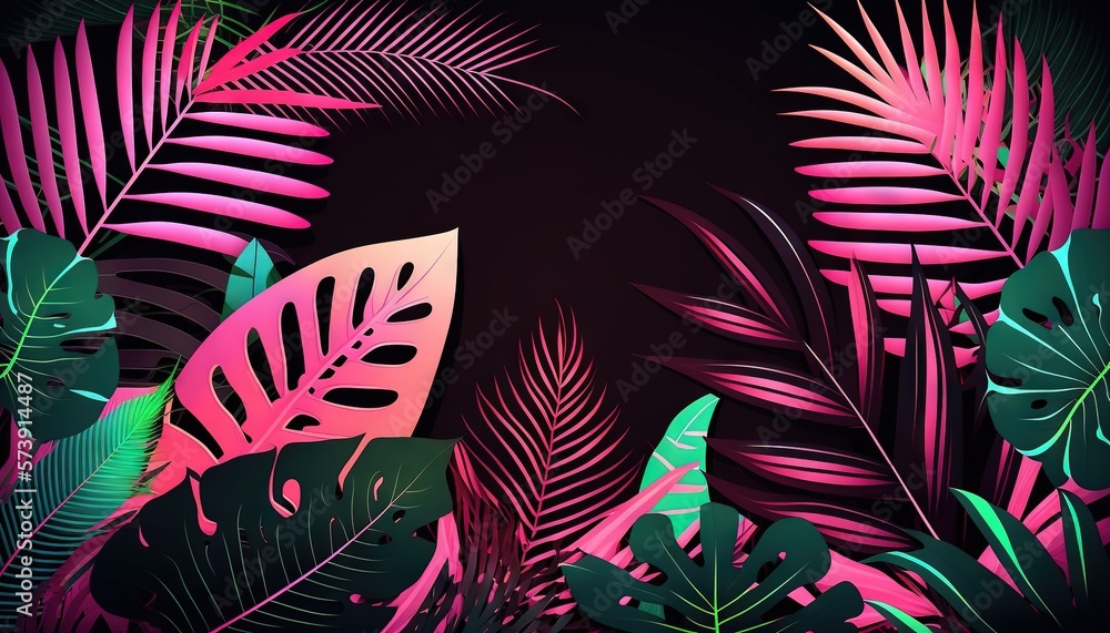  a group of tropical plants with pink and green leaves on a black background with a pink and green l