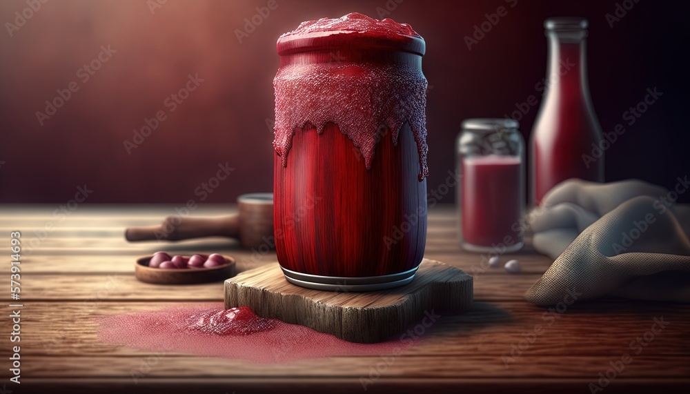  a jar of red liquid sitting on top of a wooden table next to a bottle of red liquid and a spoon and