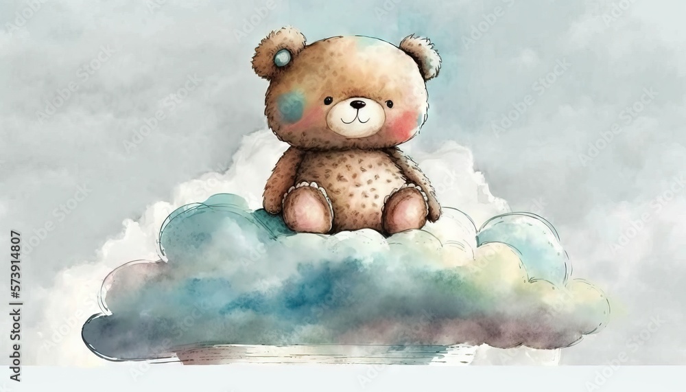  a brown teddy bear sitting on top of a cloud in the sky with a blue sky behind it and a white cloud