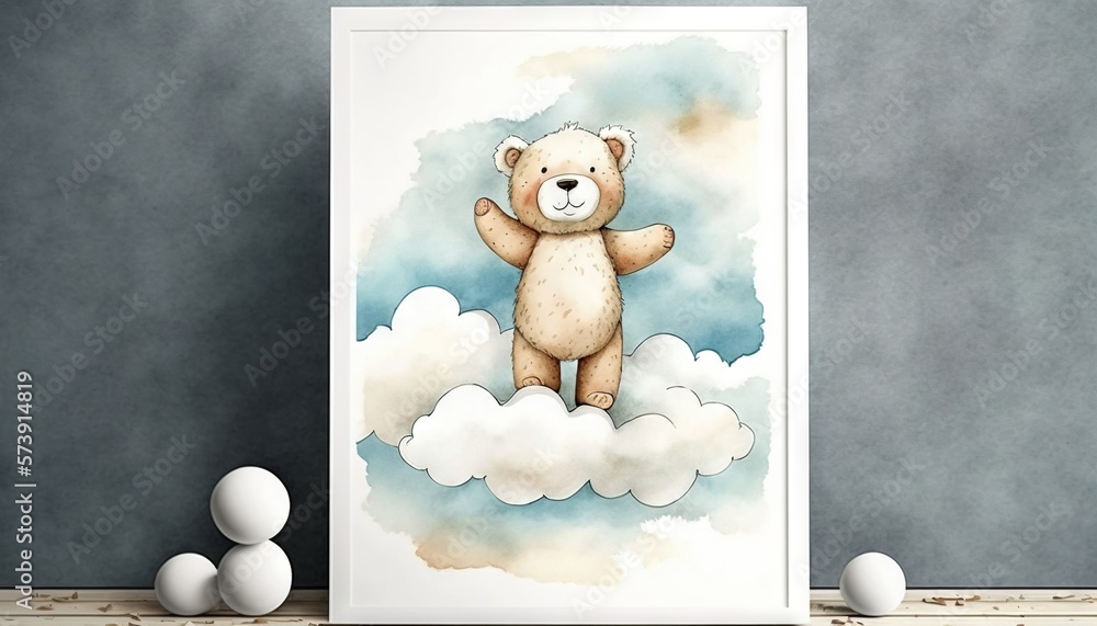  a picture of a teddy bear on a cloud with a blue sky and white clouds in the background and a white