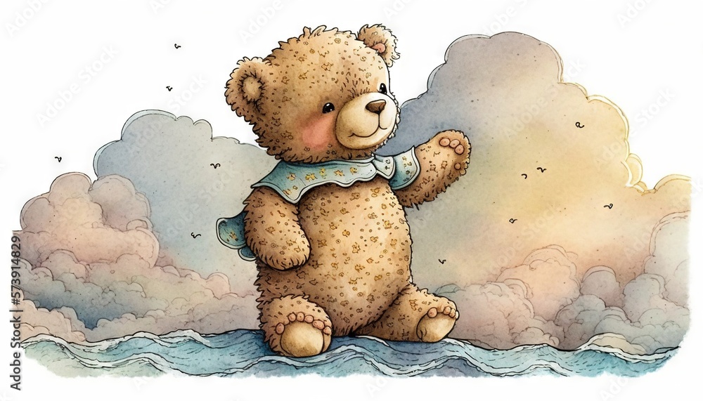  a brown teddy bear sitting on top of a cloud filled sky next to a blue and white boat with a blue s