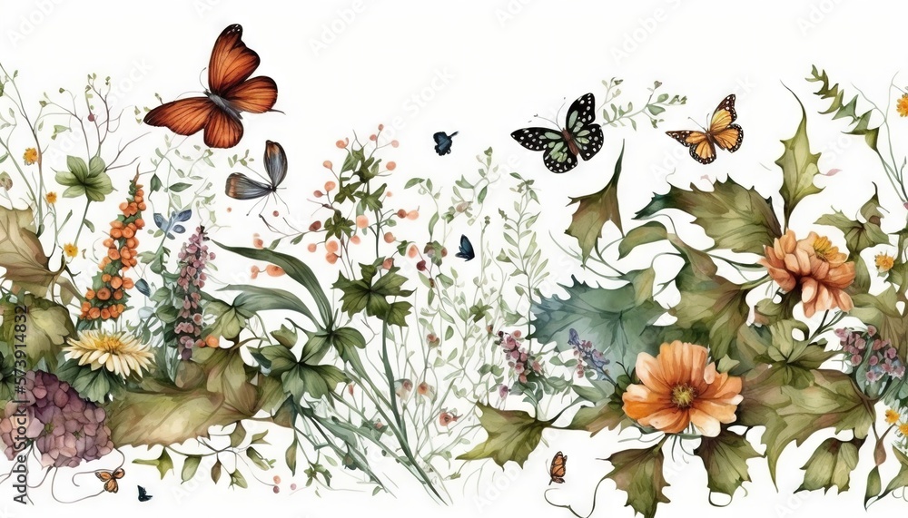  a watercolor painting of flowers and butterflies on a white background with a border of leaves and 