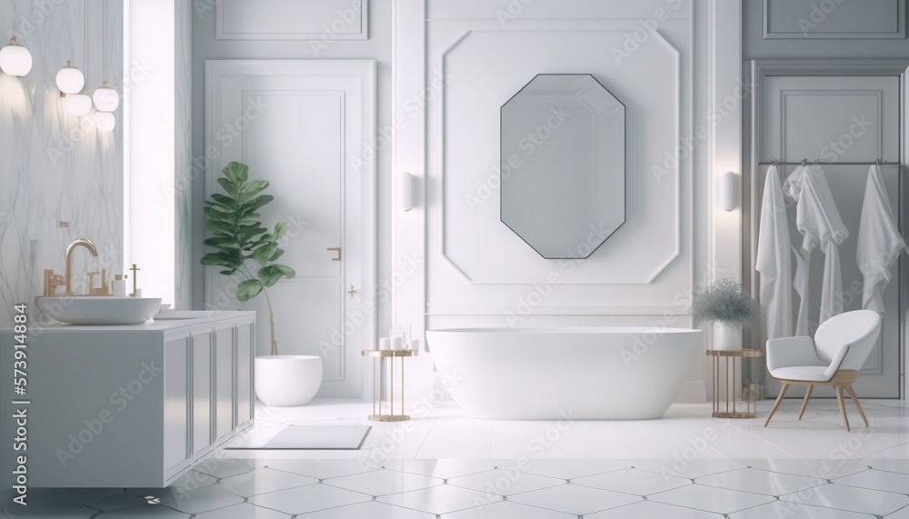  a white bathroom with a tub, sink, mirror and a chair in it with a plant in the corner of the room 