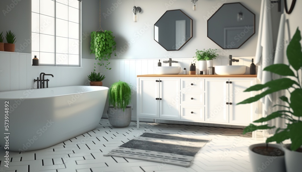  a bathroom with a tub, sink, mirror, and potted plants in it and a rug on the floor in front of the