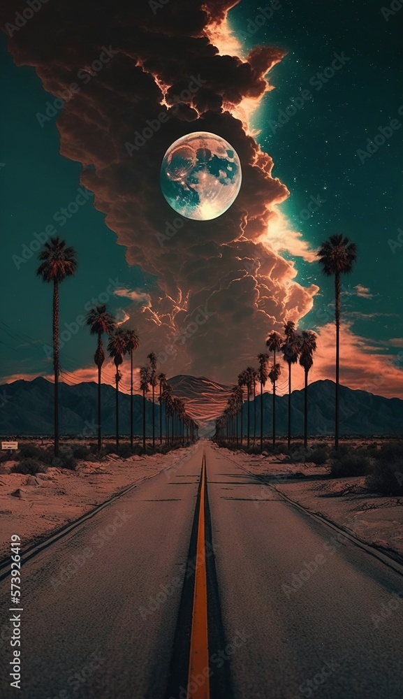  a road with palm trees and a full moon in the sky.  generative ai