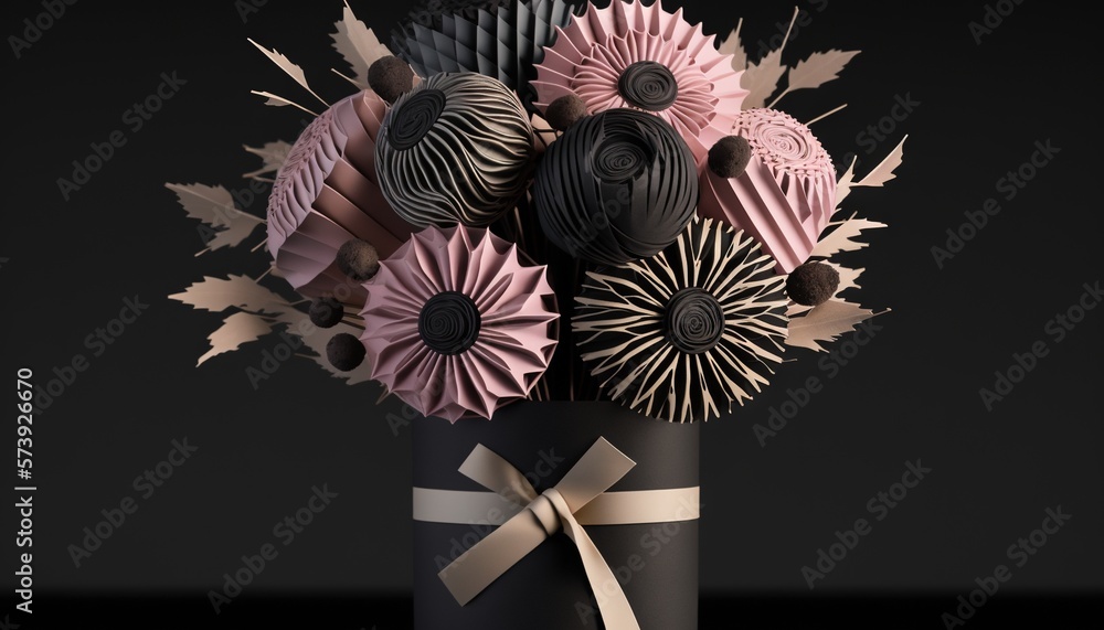  a black vase filled with pink and black flowers and leaves.  generative ai