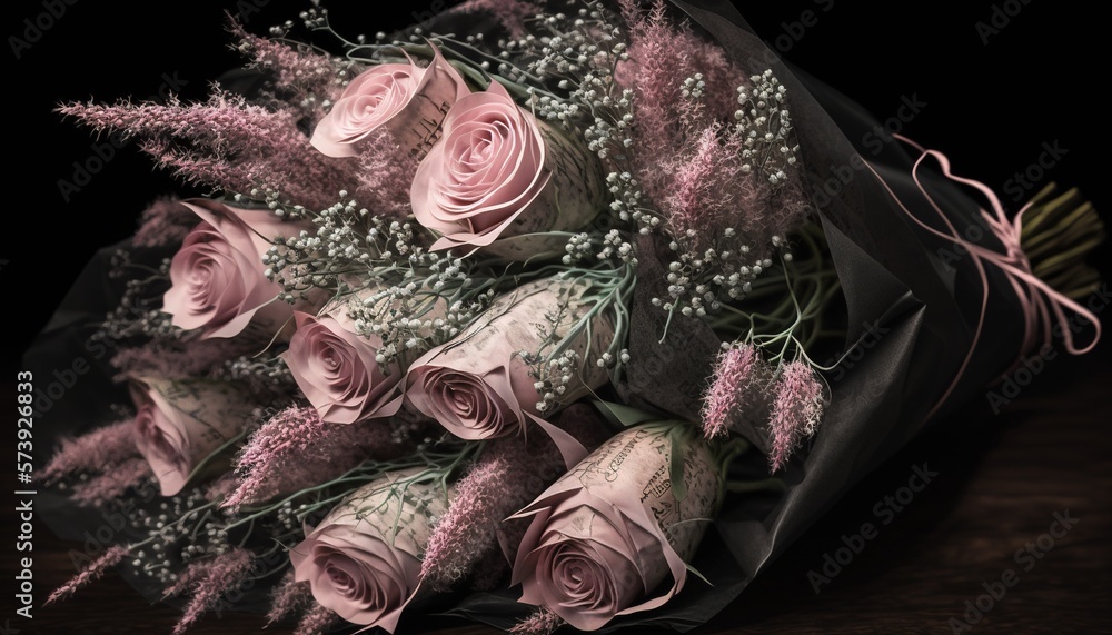  a bouquet of pink roses and babys breath wrapped in black paper.  generative ai