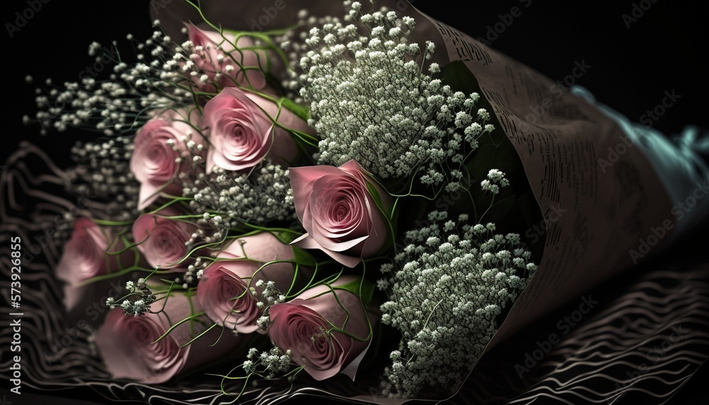  a bouquet of pink roses and babys breath in a wrap.  generative ai