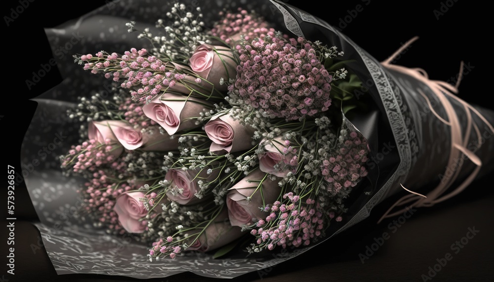  a bouquet of pink roses wrapped in a black wrapping paper.  generative ai