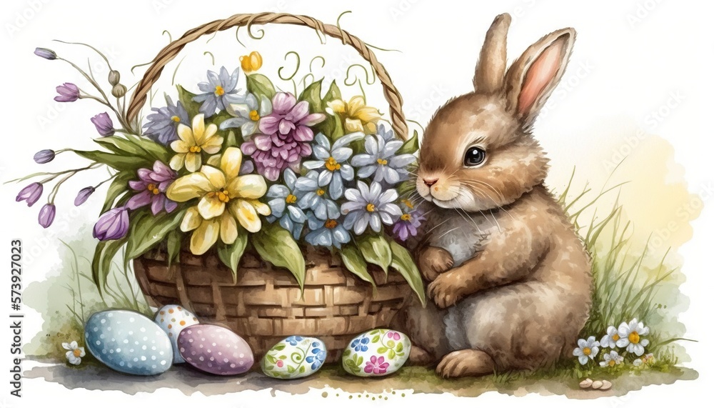  a rabbit sitting next to a basket of flowers and eggs.  generative ai