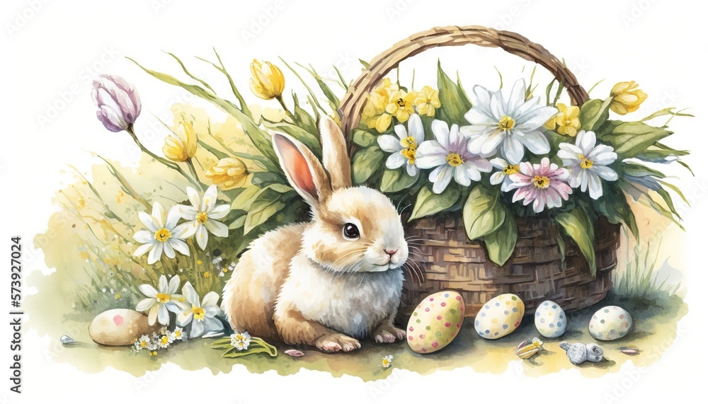  a painting of a bunny sitting next to a basket of eggs.  generative ai