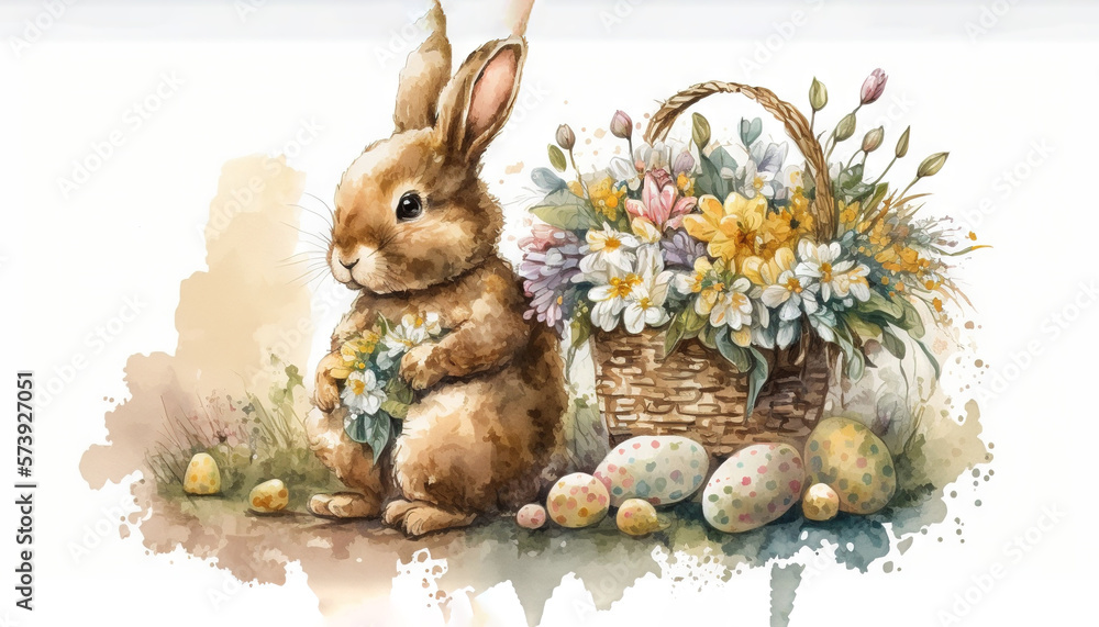  a watercolor painting of a bunny sitting next to a basket of eggs.  generative ai