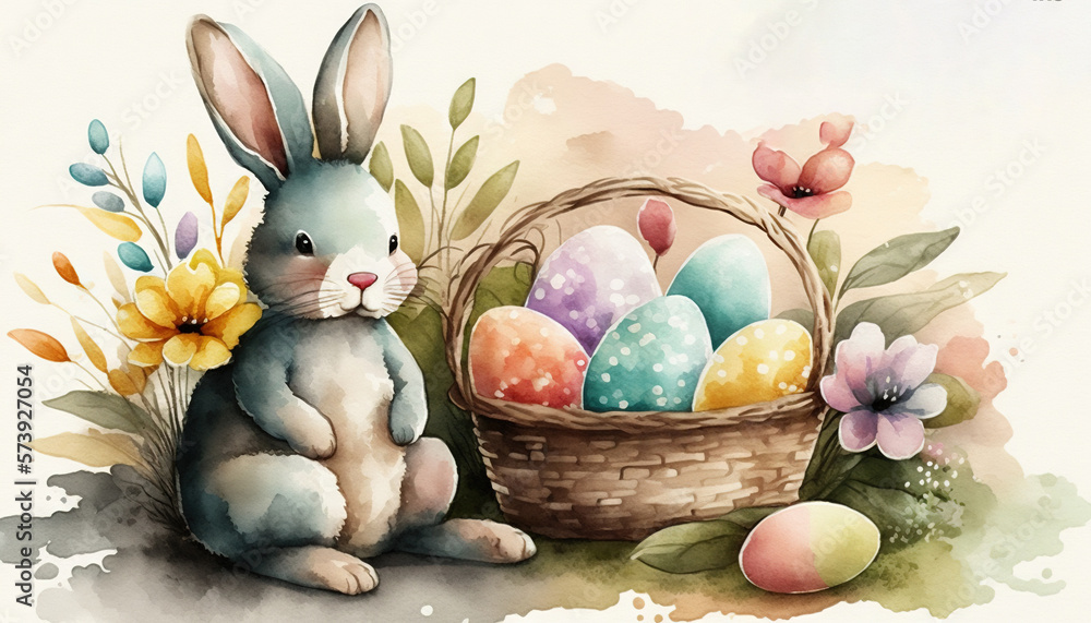  a watercolor painting of a bunny sitting next to a basket of eggs.  generative ai