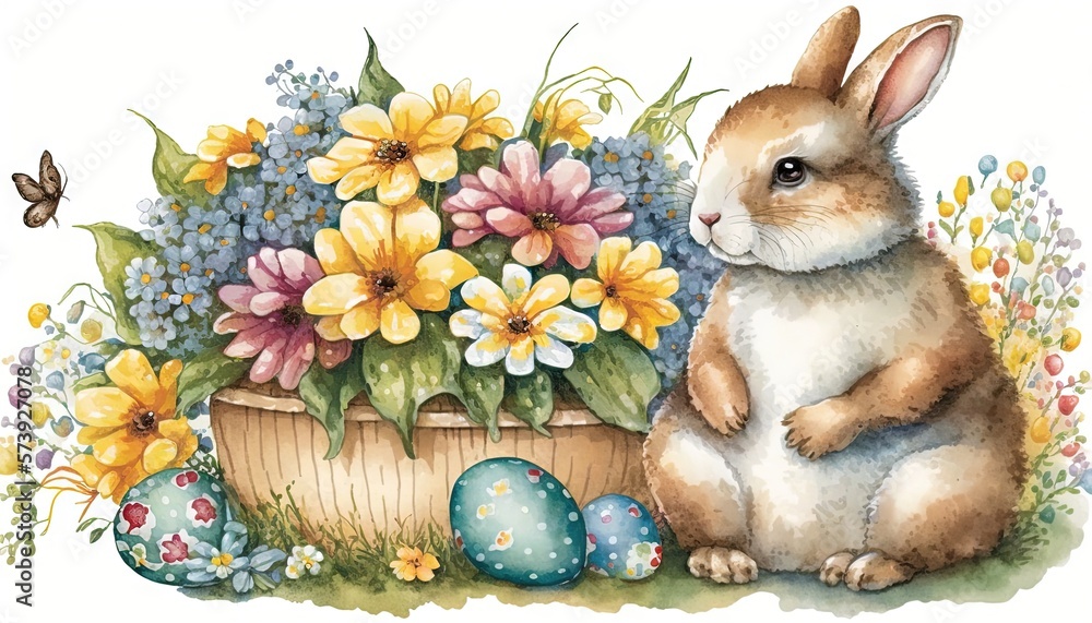  a painting of a bunny sitting next to a basket of flowers.  generative ai