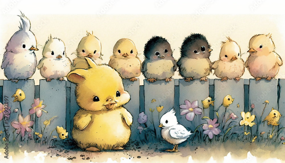  a bunch of little chicks sitting on top of a fence.  generative ai